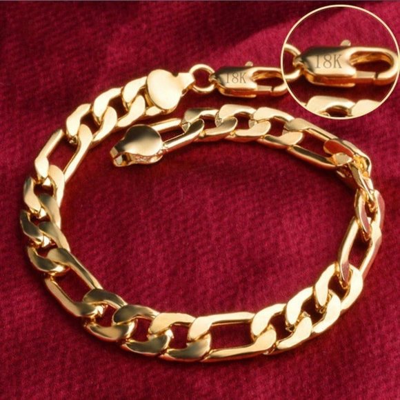 Mens 18K Gold Figaro Chain Link Bracelet Authentic Stamped 18
